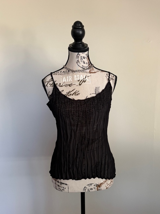 Sash Tops - Y2K Black Sheer Beaded Micro Pleated Cami Fairy Grunge Whimsigoth